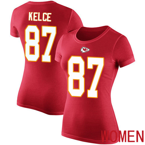 Women Football Kansas City Chiefs #87 Kelce Travis Red Rush Pride Name and Number T-Shirt